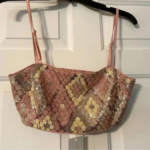 Caroline Constas Sequined Crop Top Brand New Sz 4 Pink Yellow Beige Square Neck